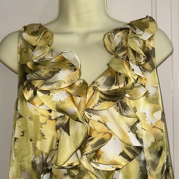 Anne Klein chartreuse green watercolor sleeveless ruffle neck polyester blouse - Picture 2 of 8